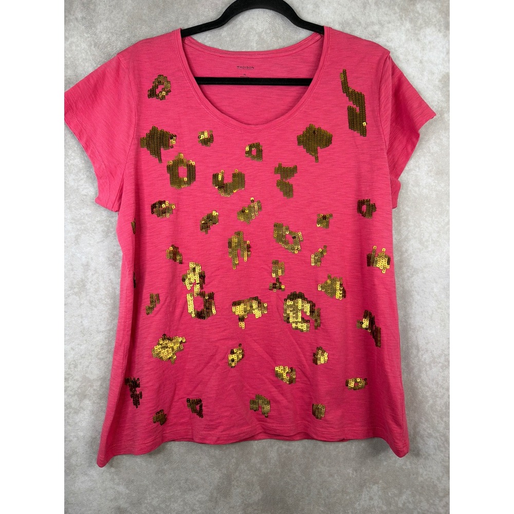 NWT Madison Leopard Sequin‎ T-Shirt Womens XL Pink Rosecream Cotton Tee